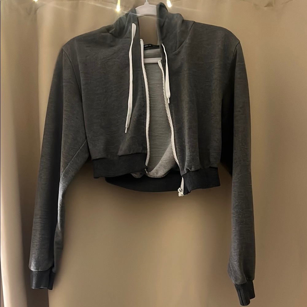 Women's Gray Cropped Zip Hoodie - Small